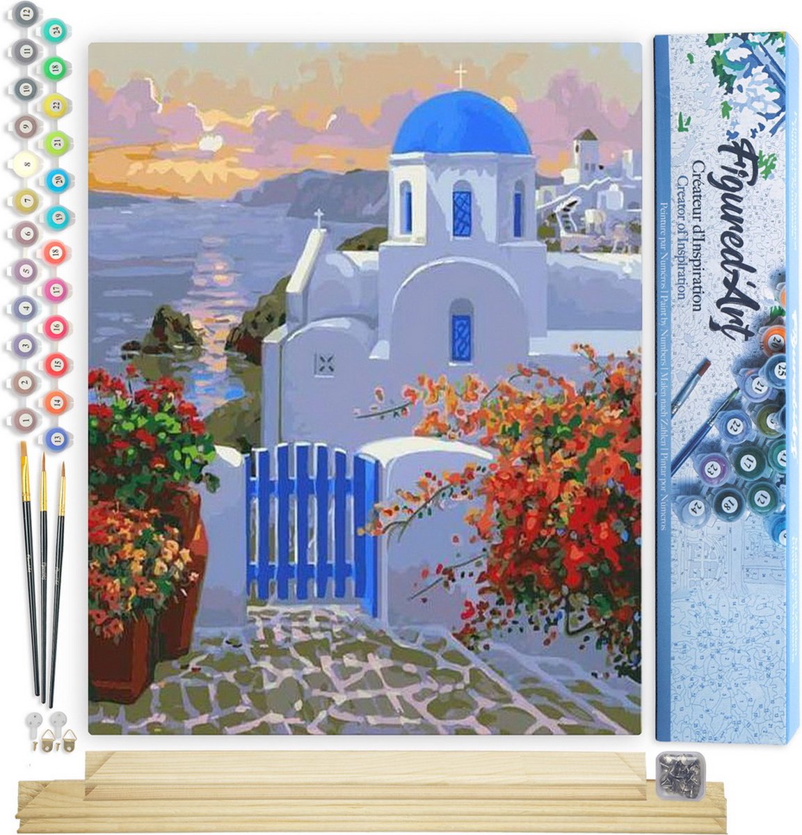 FiguredArt Schilderen op Nummer Volwassenen canvas Griekse Villa - Handwerk acrylverf Kit DIY Compleet - 40x50cm met DIY houten lijst